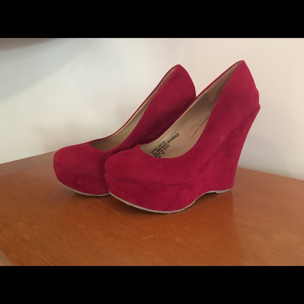 Red suede platforms